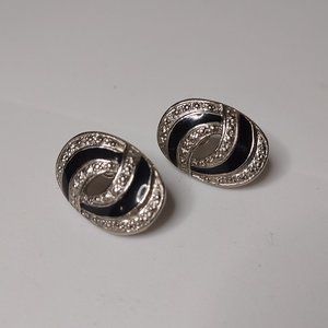 Vintage Silver Tone And Black Oval Shaped Metal Earrings